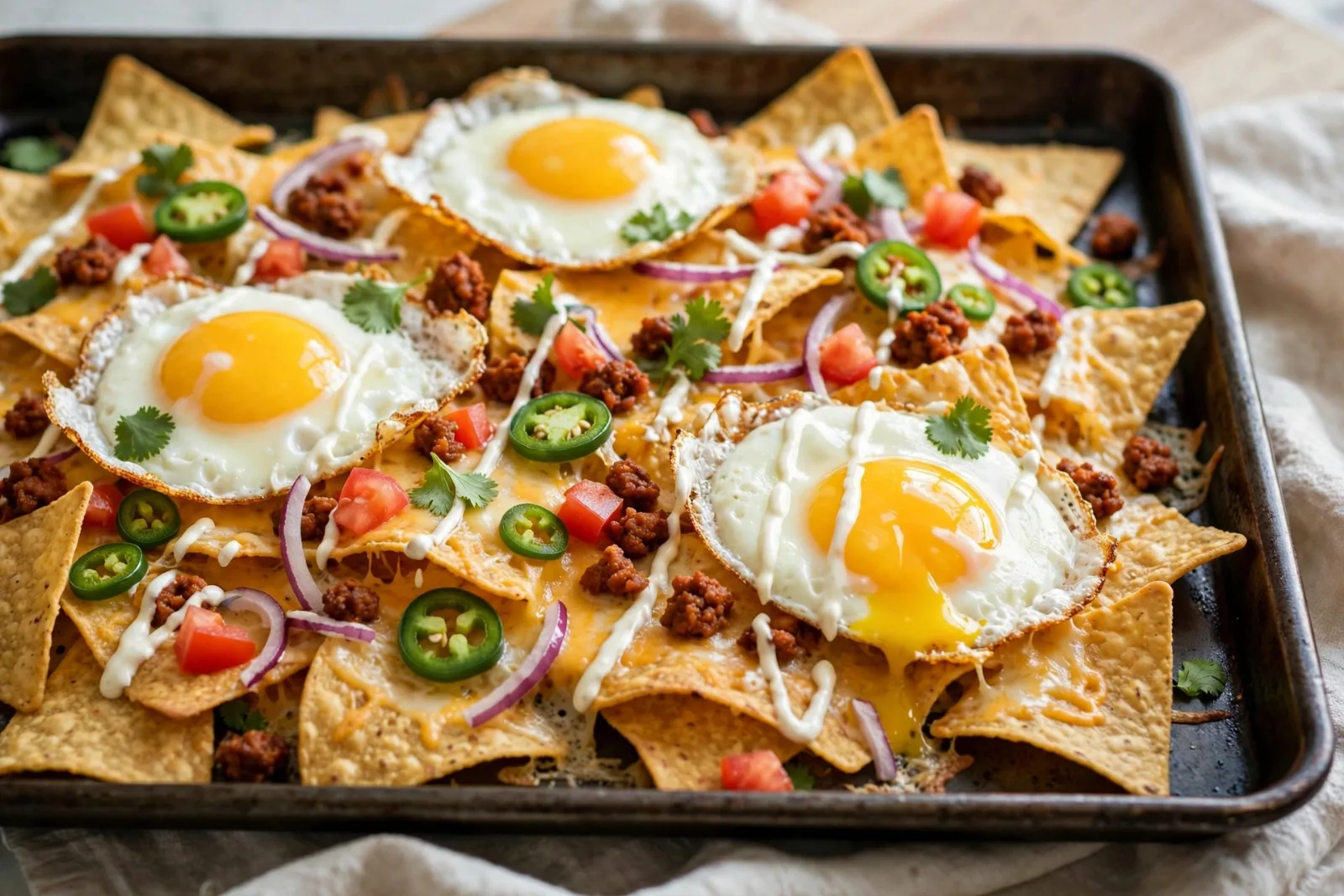 Epic Sheet Pan Breakfast Nachos with Chorizo, Queso & Sunny-Side Eggs