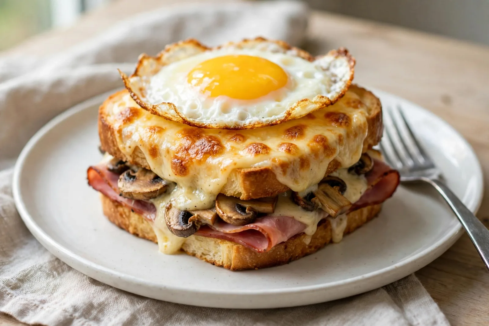 Mushroom & Gruyère Croque Madame with Smoked Ham