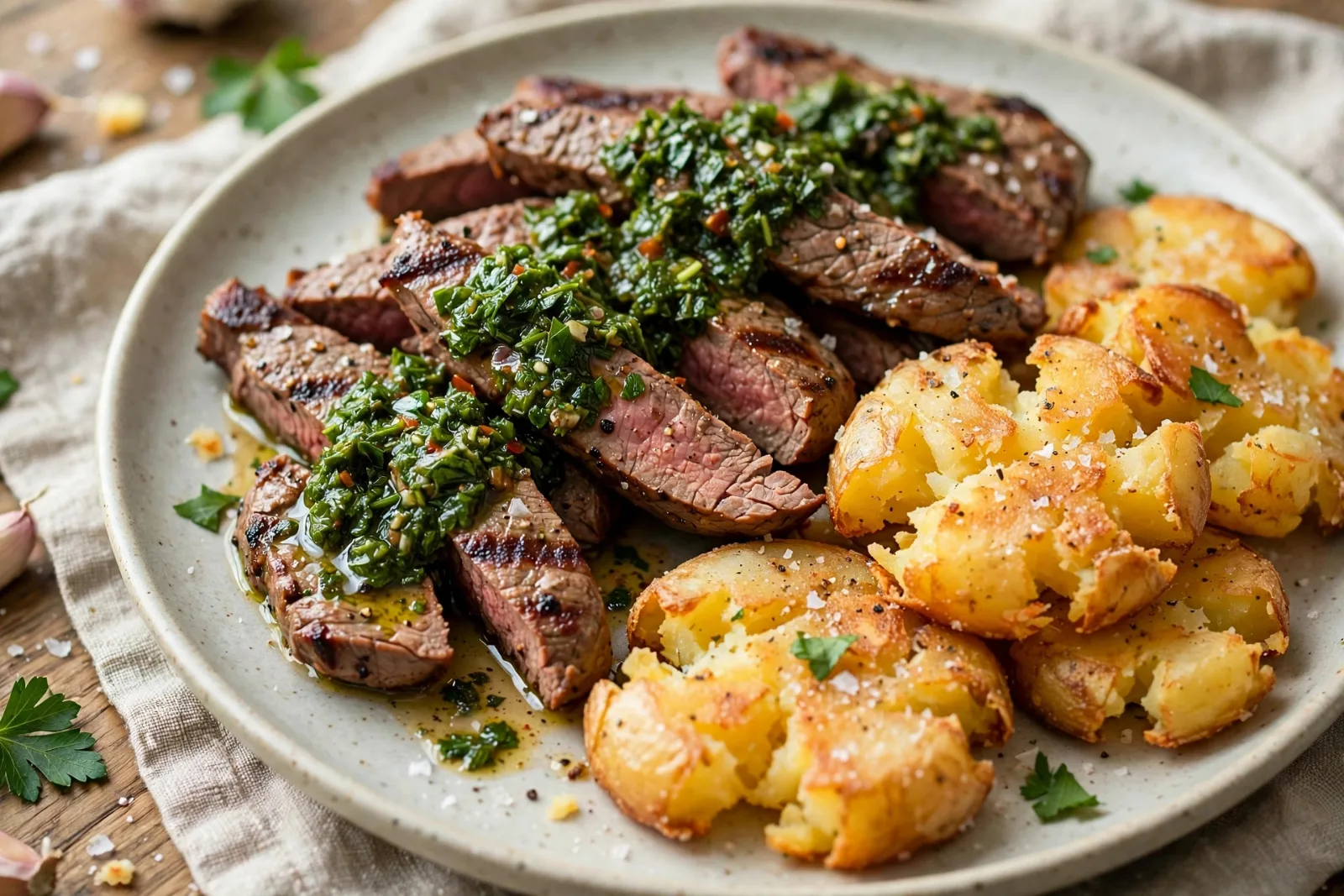 Grilled Flank Steak with Chimichurri & Crispy Smashed Potatoes