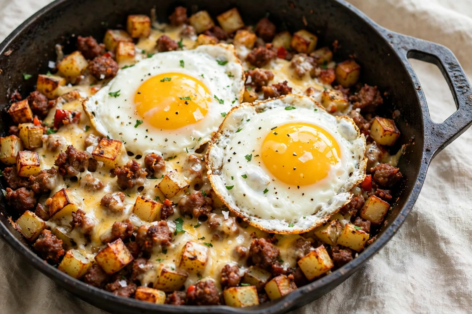 Cheesy Chorizo Breakfast Hash with Runny Eggs
