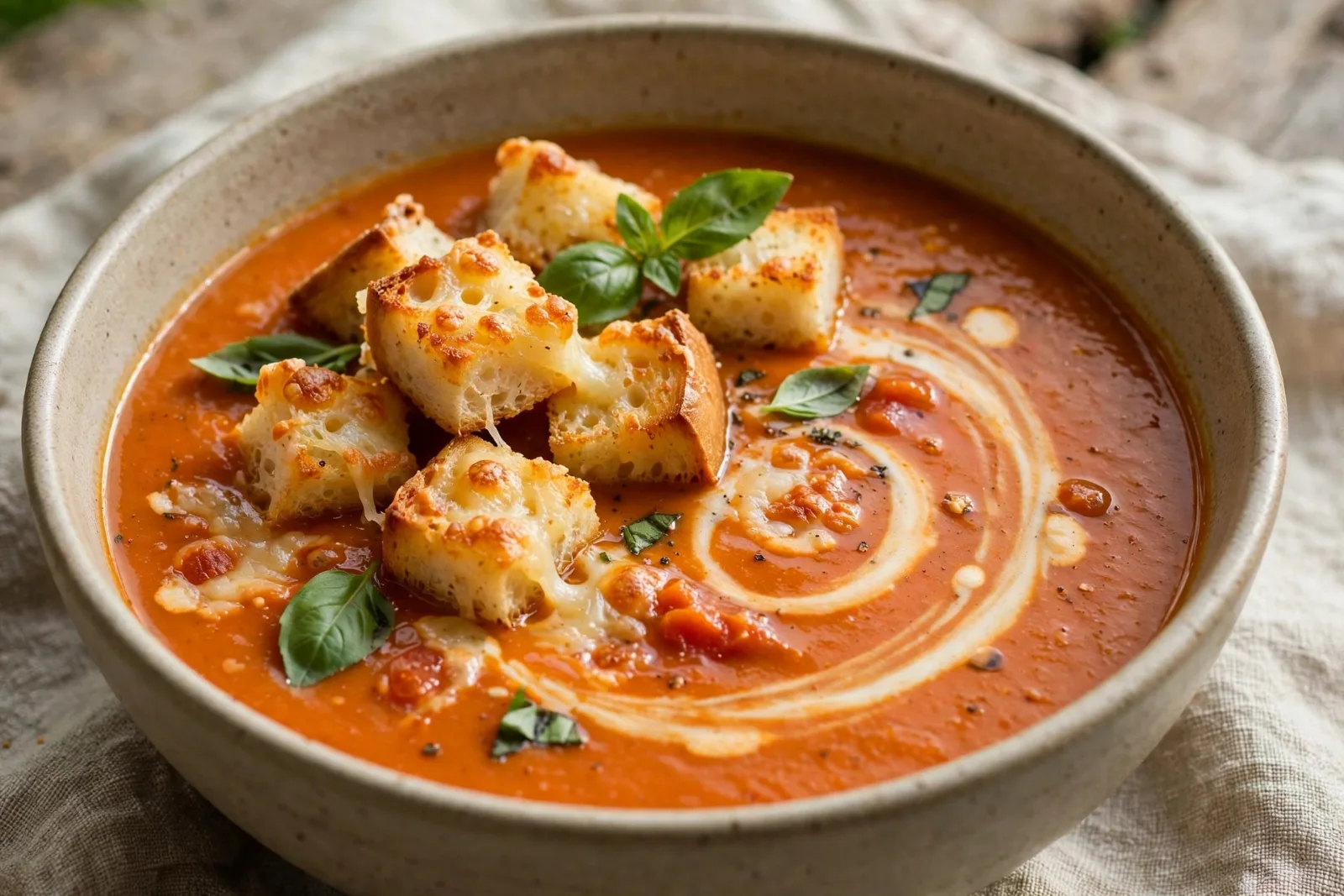 Roasted Tomato Basil Soup with Grilled Cheese Croutons