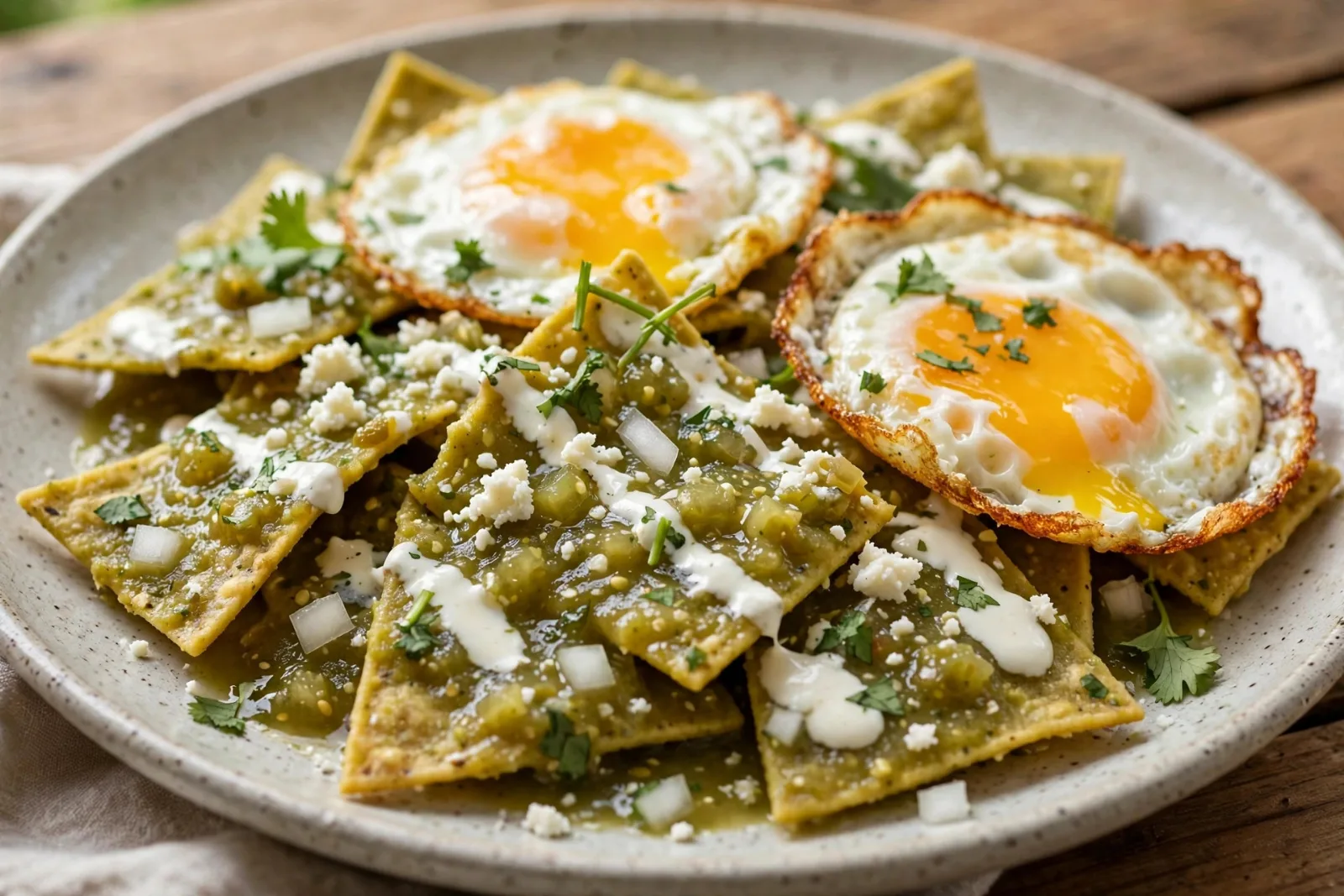 Crispy Chilaquiles Verdes with Fried Eggs & Crema