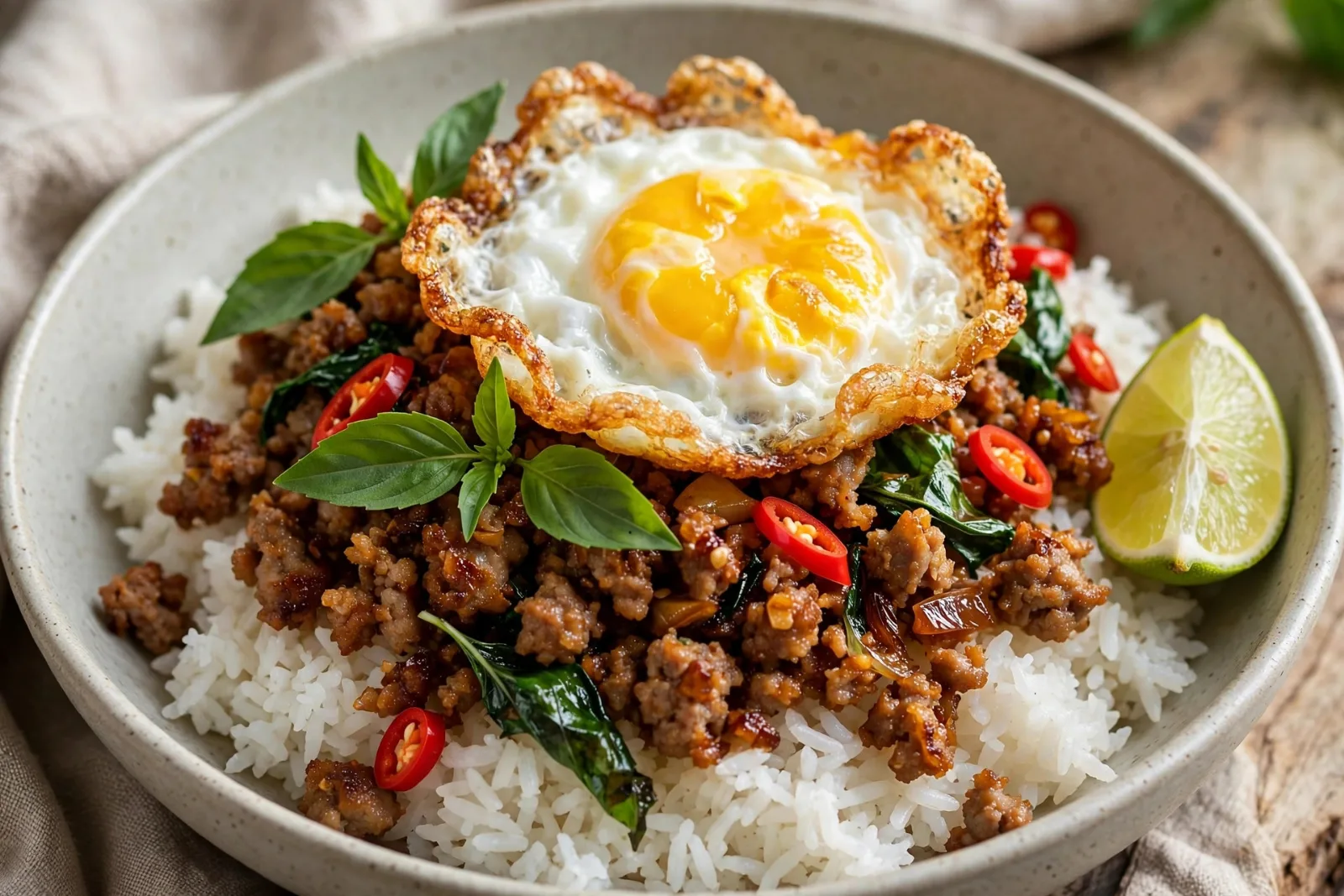 Crispy Thai Basil Pork with Fried Eggs & Jasmine Rice (Pad Krapow Moo)