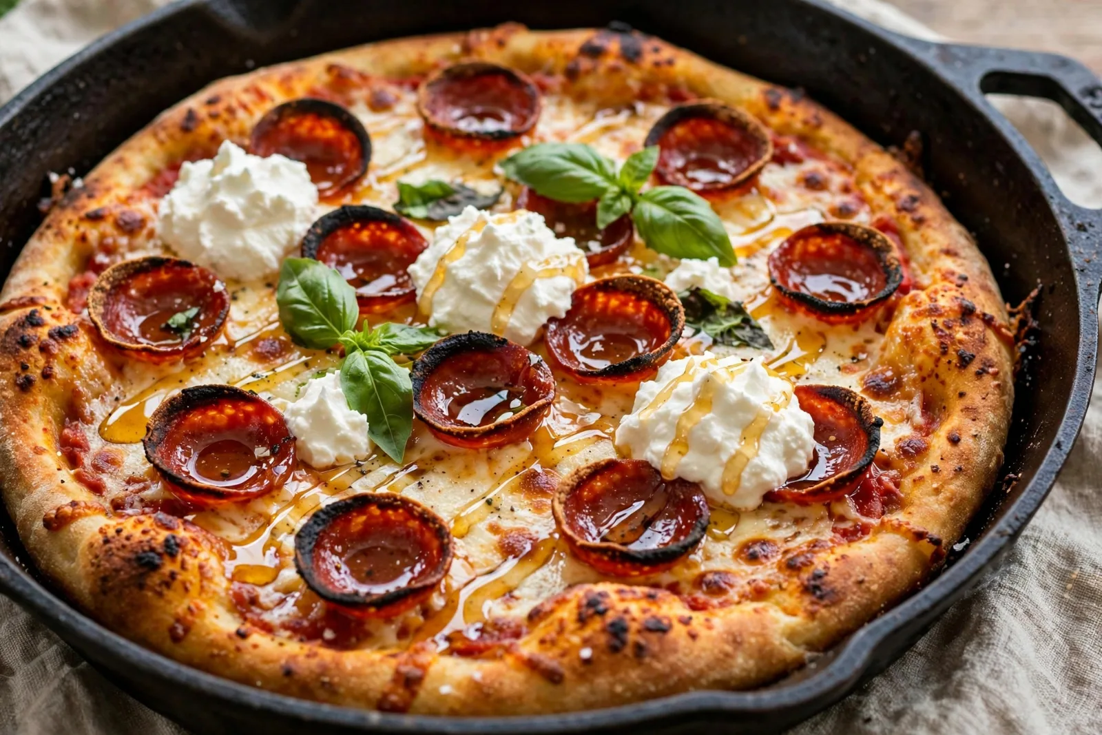 Hot Honey Pepperoni Pizza with Whipped Ricotta & Basil