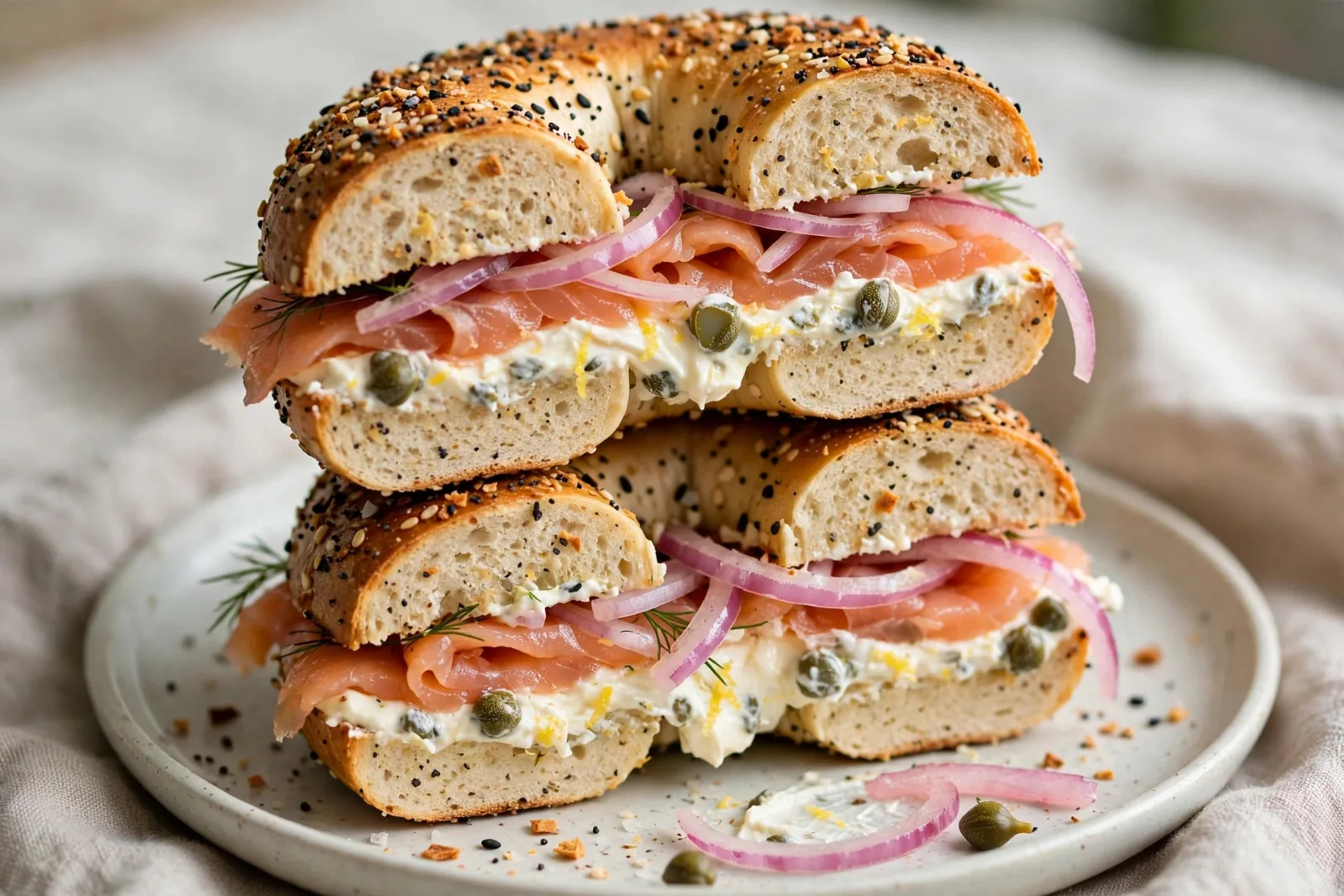Everything Bagel Breakfast Sandwich with Smoked Salmon, Lemon-Caper Cream Cheese & Quick-Pickled Red Onion
