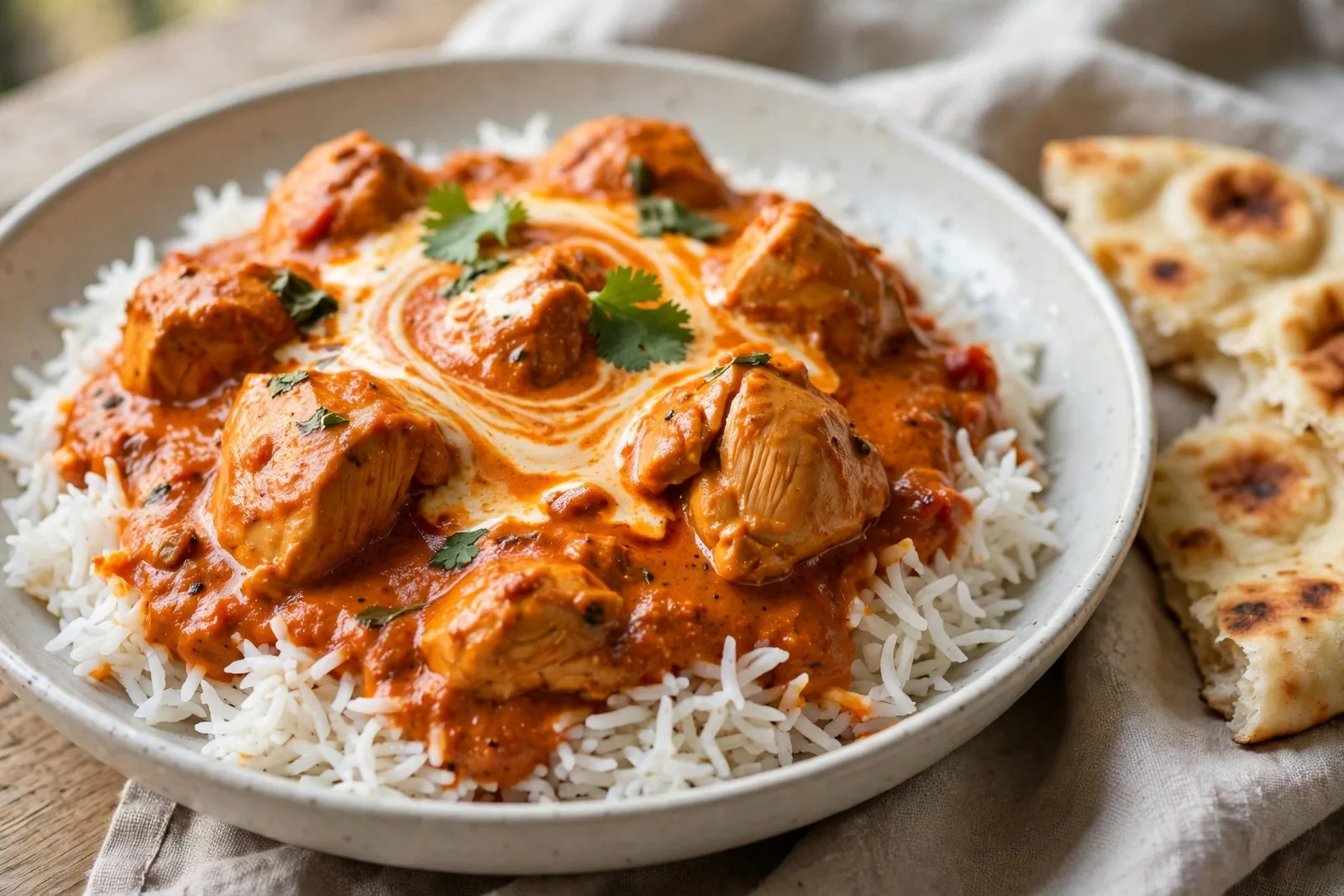 Creamy Butter Chicken (Murgh Makhani) with Basmati Rice & Warm Naan