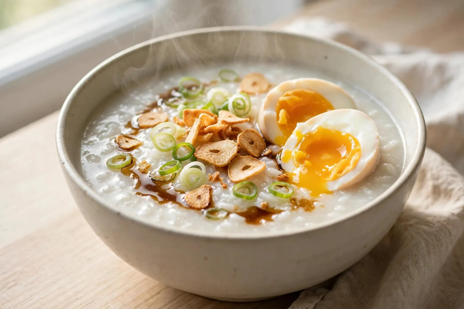 Ginger-Scallion Congee Breakfast Bowls with Crispy Garlic & Jammy Eggs