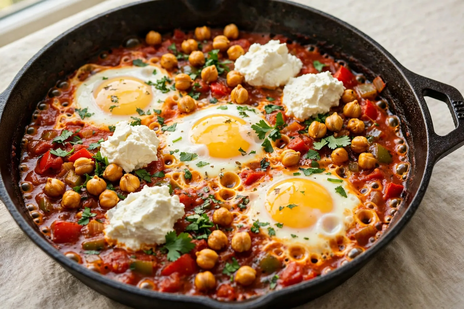 Spicy Shakshuka with Whipped Feta & Crispy Chickpeas