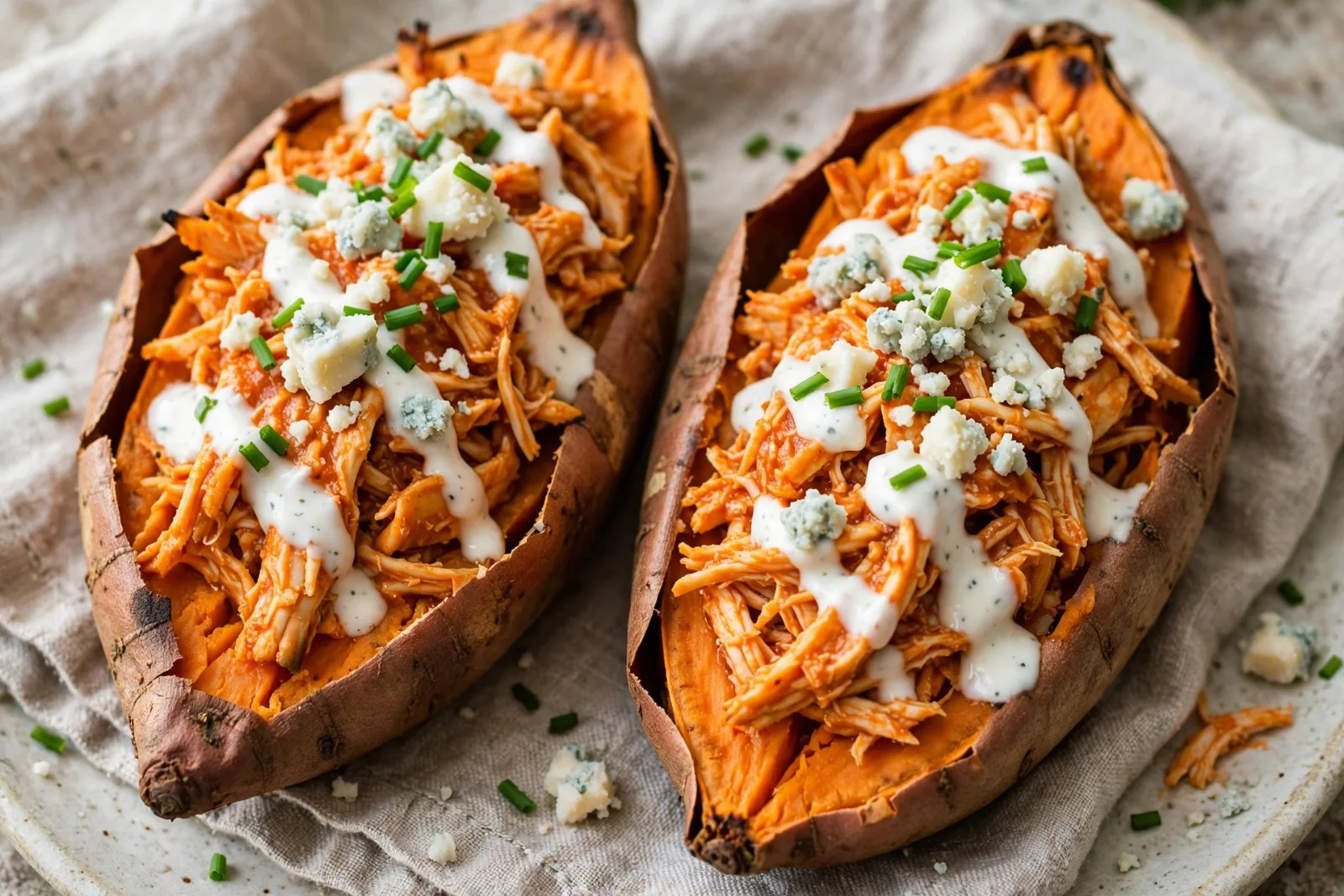 Buffalo Chicken Stuffed Sweet Potatoes