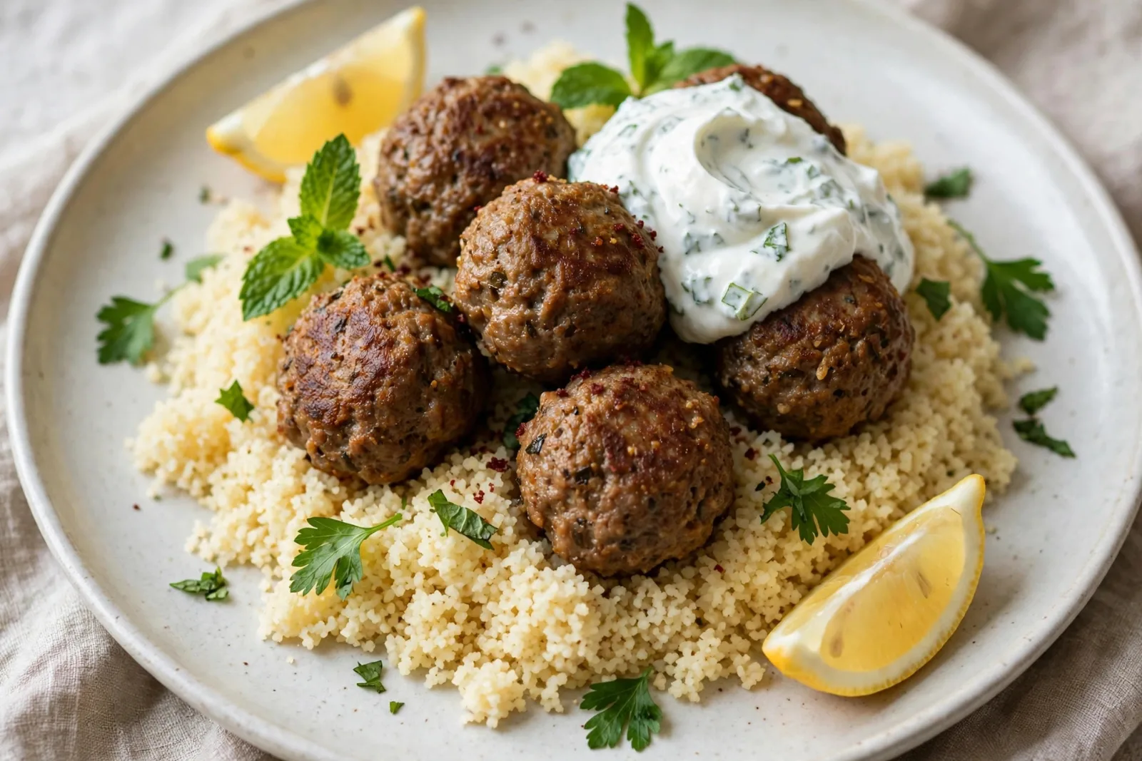 Moroccan-Spiced Lamb Meatballs with Mint Yogurt & Fluffy Couscous